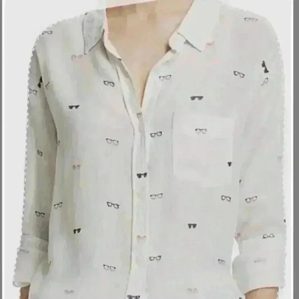 RAILS CHARLI SUNNIES GAUZ WHITE WITH SUNGLASSES BUTTON UP LONG SLEEVE TOP XS - Picture 3 of 12